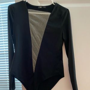 Long Sleeve Mesh Lowcut Black Bodysuit, size XL